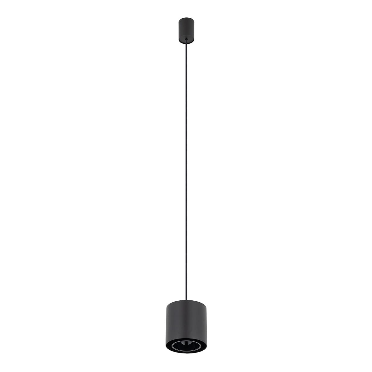 Lampa wisząca Point Duo 1xGU10 w kolorze czarnym. Okrągła obudowa z metalowym wykończeniem, zawieszona na długim, prostym przewodzie. Widoczny uchwyt mocujący na suficie. Prosty, nowoczesny design, idealny do różnorodnych wnętrz.
