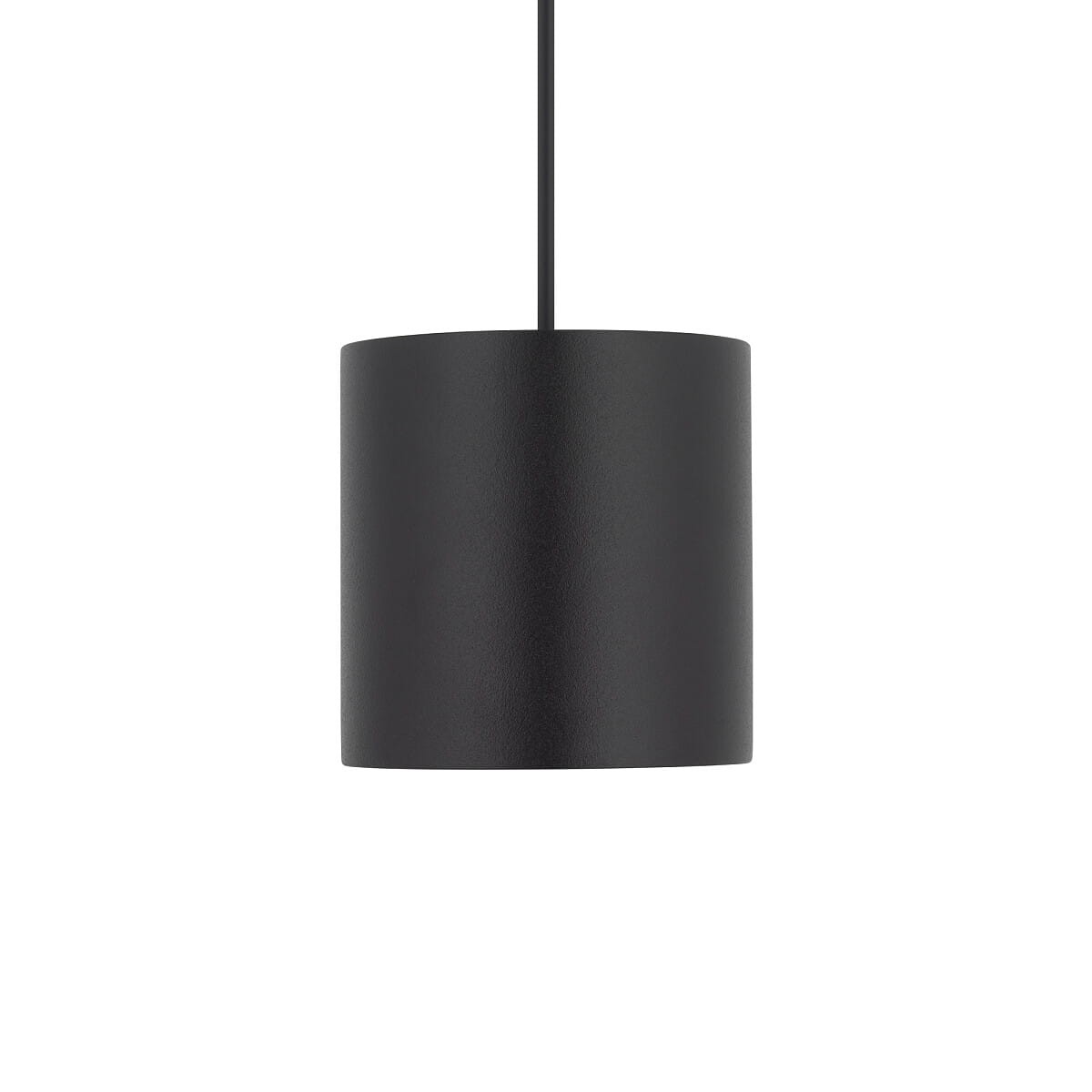 Lampa wisząca Point Duo w kolorze czarnym, z cylindrycznym kloszem, wykonana z matowego materiału. Zawieszona na cienkim czarnym przewodzie, przeznaczona do jednego źródła światła GU10. Frontalny widok, na jednolitym tle.