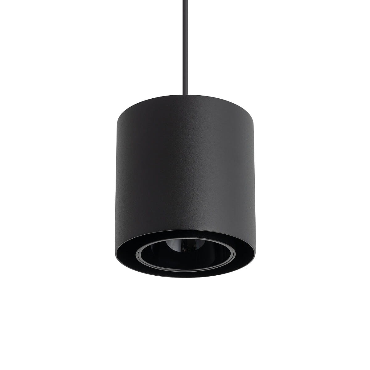 Lampa wisząca Point Duo, czarna, z jedną oprawą na żarówkę GU10. Cylindryczny kształt, matowa powierzchnia. Zawieszona na cienkim przewodzie, widoczna żarówka wewnątrz. Idealna do nowoczesnych wnętrz.