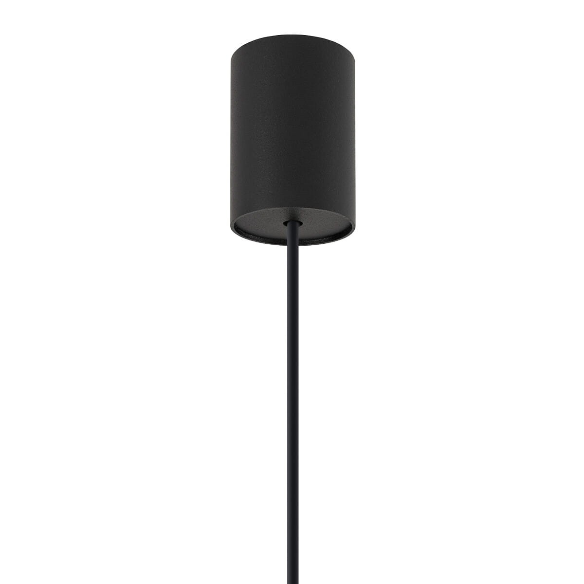 Czarna lampa wisząca Point Duo z oprawą na jedną żarówkę GU10. Okrągła, matowa obudowa z metalowym wykończeniem zawieszona na cienkim przewodzie. Ujęcie frontalne, ukazujące całą konstrukcję.