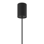 Czarna lampa wisząca Point Duo z oprawą na jedną żarówkę GU10. Okrągła, matowa obudowa z metalowym wykończeniem zawieszona na cienkim przewodzie. Ujęcie frontalne, ukazujące całą konstrukcję.