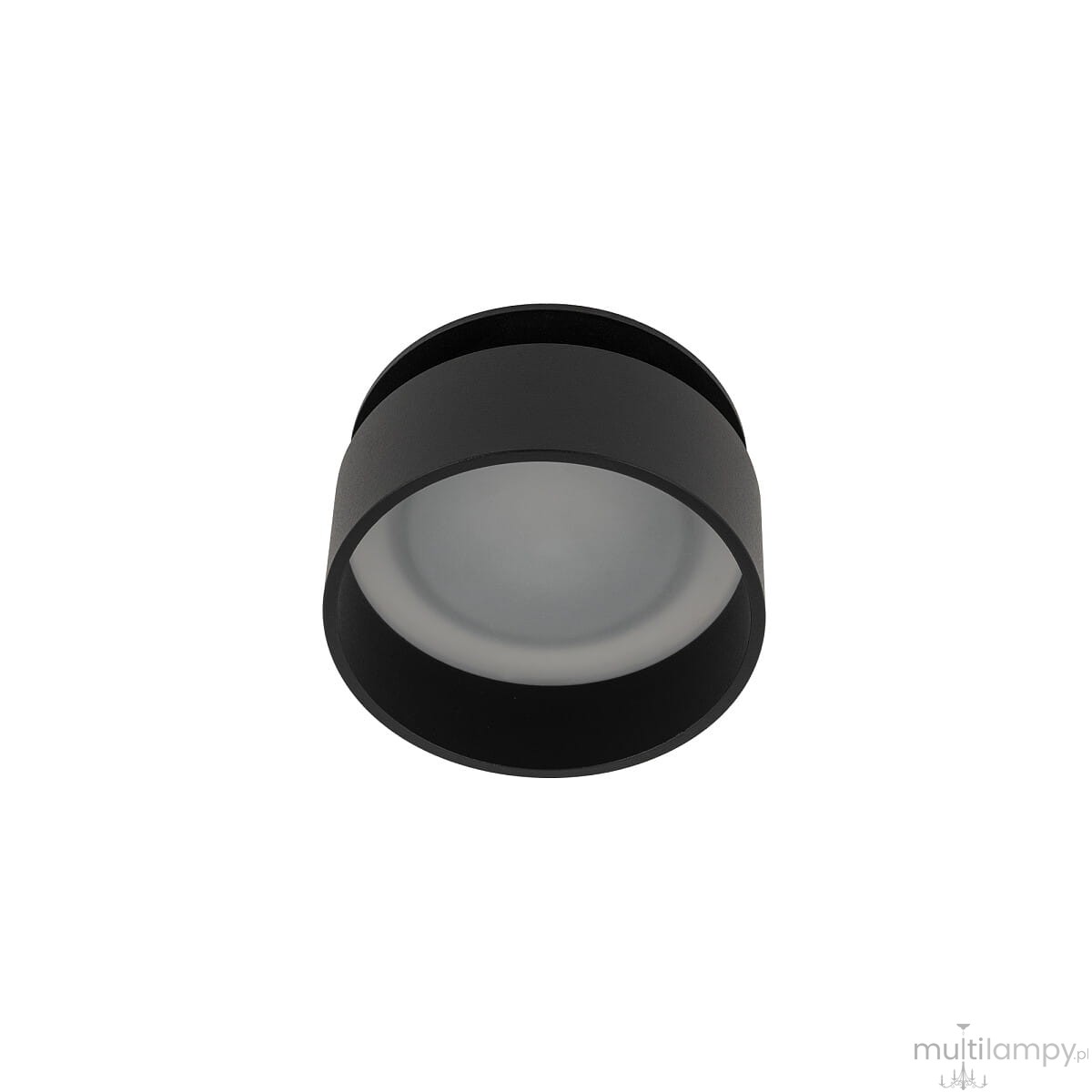 Oprawa do zabudowy Shine 1xGU10 w kolorze czarnym, o cylindrycznym kształcie. Ujęcie frontalne, ukazujące matowe szkło na górze oraz gładką, czarną obudowę. Idealna do nowoczesnych aranżacji wnętrz.