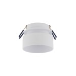 Oprawa do zabudowy Shine 1xGU10 w kolorze białym, okrągła, z metalowymi mocowaniami. Widok z góry, ukazujący gładką powierzchnię oraz detale mocowania. Idealna do montażu w sufitach podwieszanych, zapewnia nowoczesne oświetlenie.
