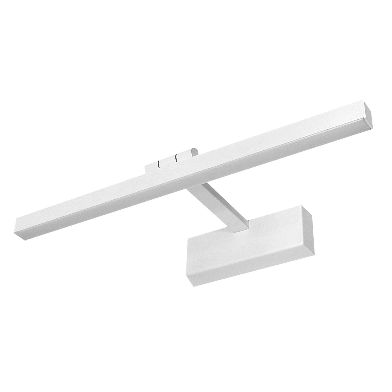 Kinkiet łazienkowy Lappa, biały, o prostokątnym kształcie z poziomym ramieniem LED. Posiada minimalistyczny design, montowany na ścianie, z widocznym przyciskiem do włączania. Idealny do oświetlenia obrazów lub luster.