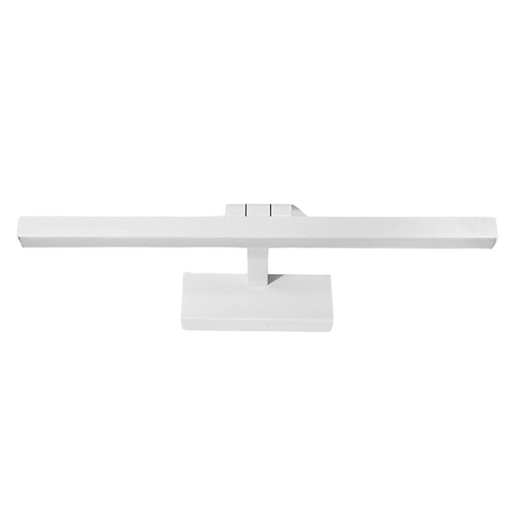 Kinkiet łazienkowy LED Lappa w kolorze białym, prostokątny, z płaską podstawą, zamontowany na ścianie. Posiada dwa przyciski do sterowania. Minimalistyczny design, idealny do oświetlenia obrazów lub lustra.