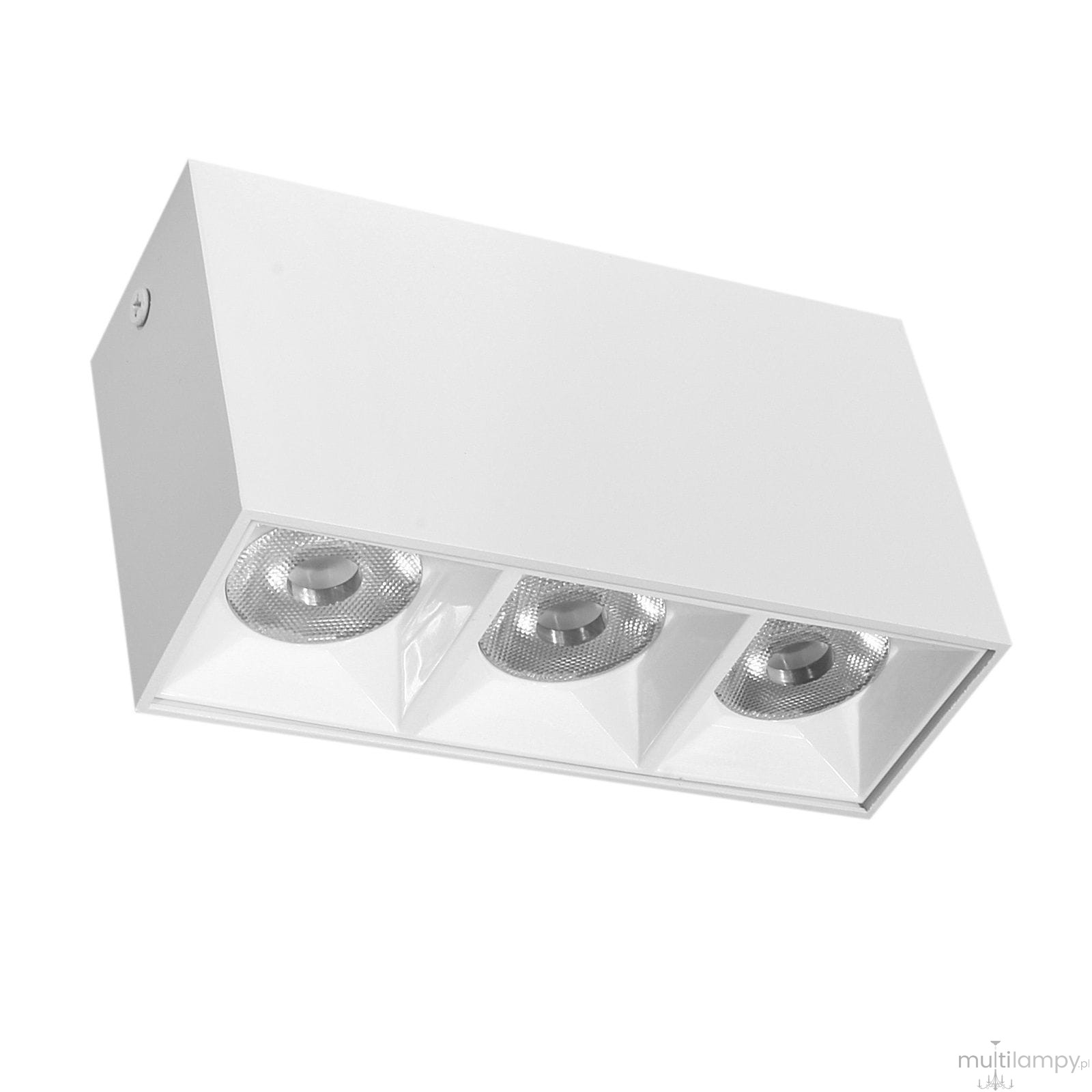 Lampa sufitowa LED o mocy 9W, barwa światła 3000K, w białej, matowej obudowie. Posiada trzy okrągłe źródła światła w wypukłych kloszach. Ujęcie z przodu, pod kątem, pokazujące nowoczesny design i minimalistyczny styl.