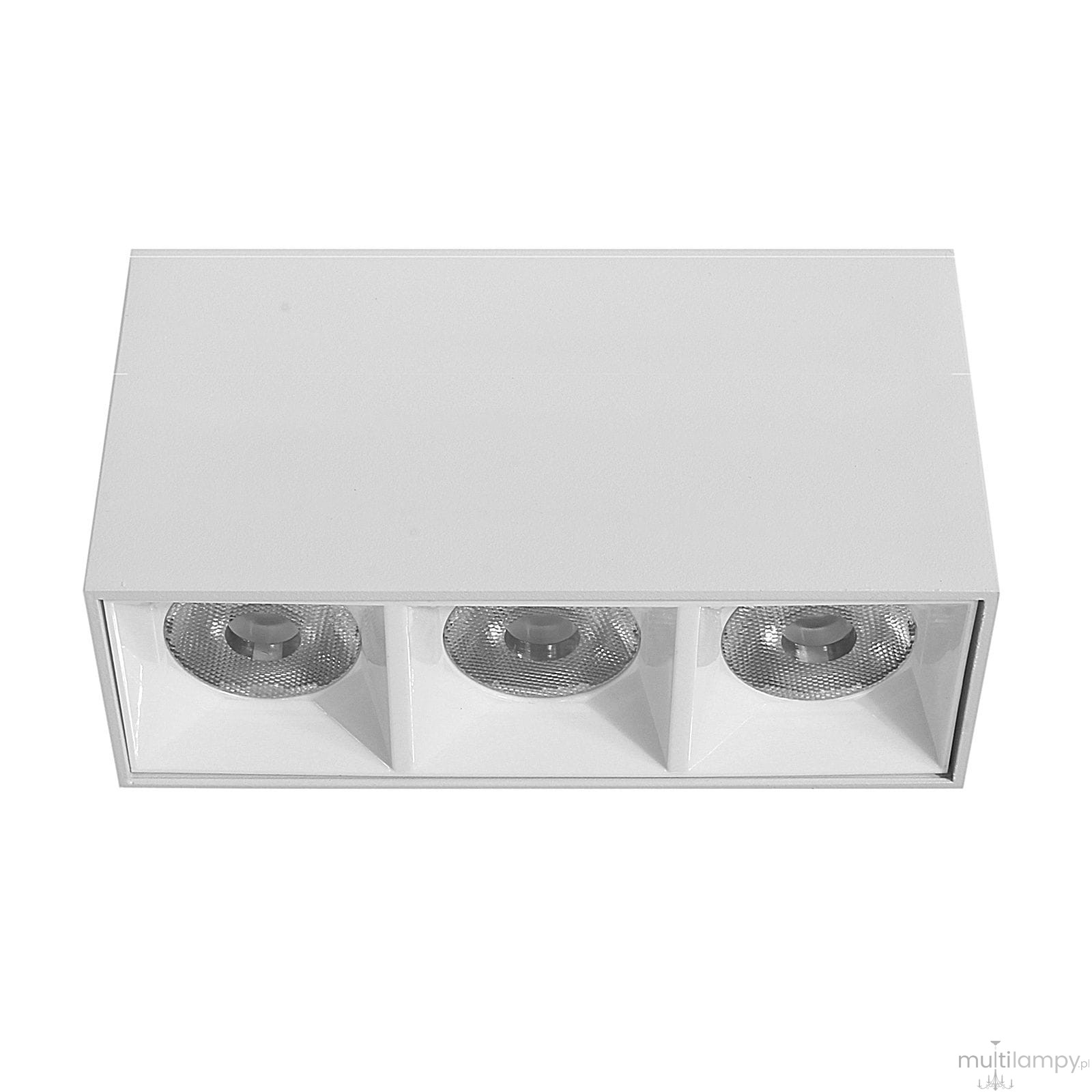 Lampa sufitowa LED w kolorze białym, o mocy 9W i temperaturze światła 3000K, z trzema okrągłymi oprawami w metalicznych reflektorach. Ujęcie z góry, produkt zamontowany na płaskiej powierzchni.