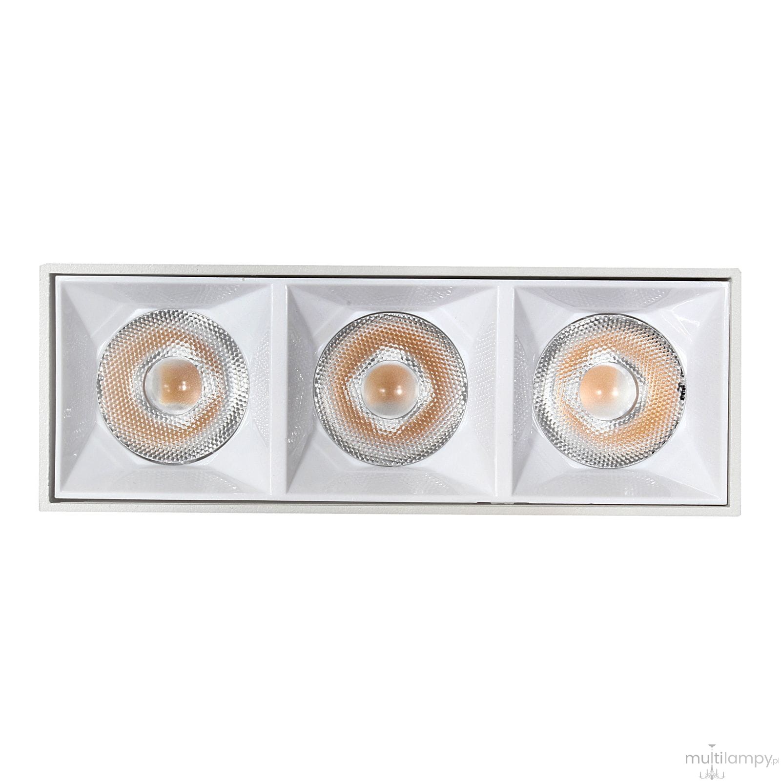 Lampa sufitowa LED o mocy 9W, barwa 4000K, w białej obudowie. Zawiera trzy okrągłe źródła światła z reflektorami w metalicznej oprawie, montowana na stałe, widok z przodu.