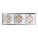 Lampa sufitowa LED o mocy 9W, barwa 4000K, w białej obudowie. Zawiera trzy okrągłe źródła światła z reflektorami w metalicznej oprawie, montowana na stałe, widok z przodu.