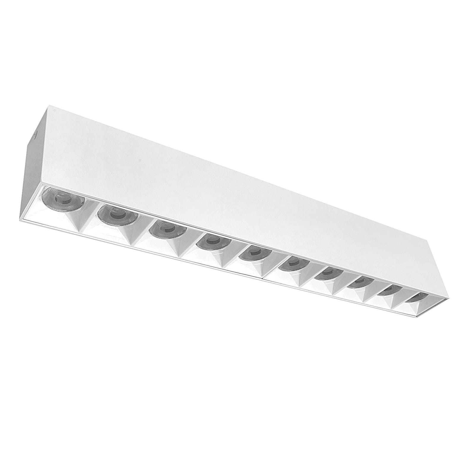 Lampa sufitowa LED w kolorze białym o mocy 30W i temperaturze barwowej 3000K, zamontowana na białym tle. Posiada prostokątny kształt z ośmioma pionowymi wlotami, które emitują światło.