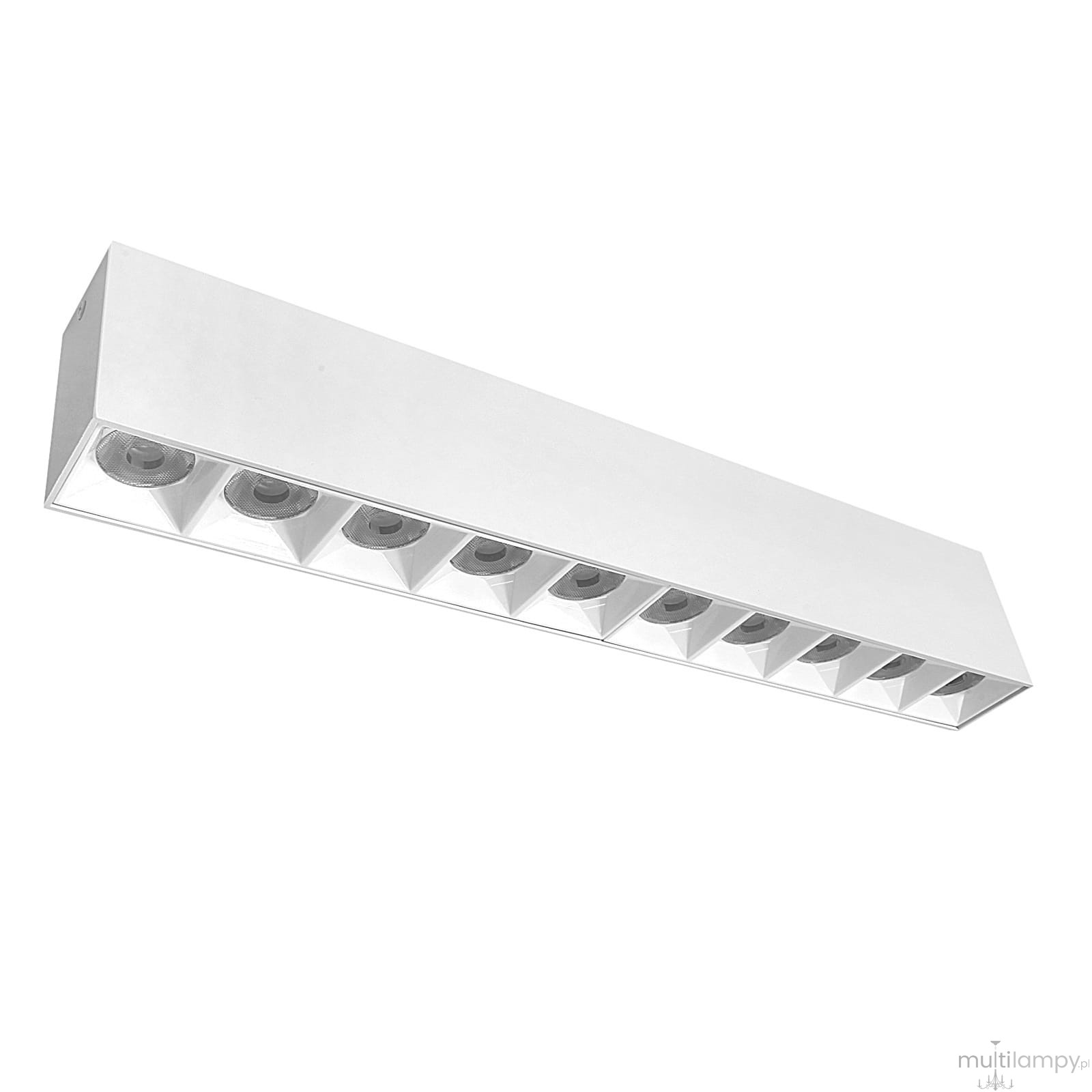 Lampa sufitowa LED w kolorze białym, moc 30W, temperatura barwowa 4000K. Prosta, prostokątna obudowa z kilkoma wbudowanymi źródłami światła, zamontowana w pozycji poziomej. Idealna do oświetlenia wnętrz.