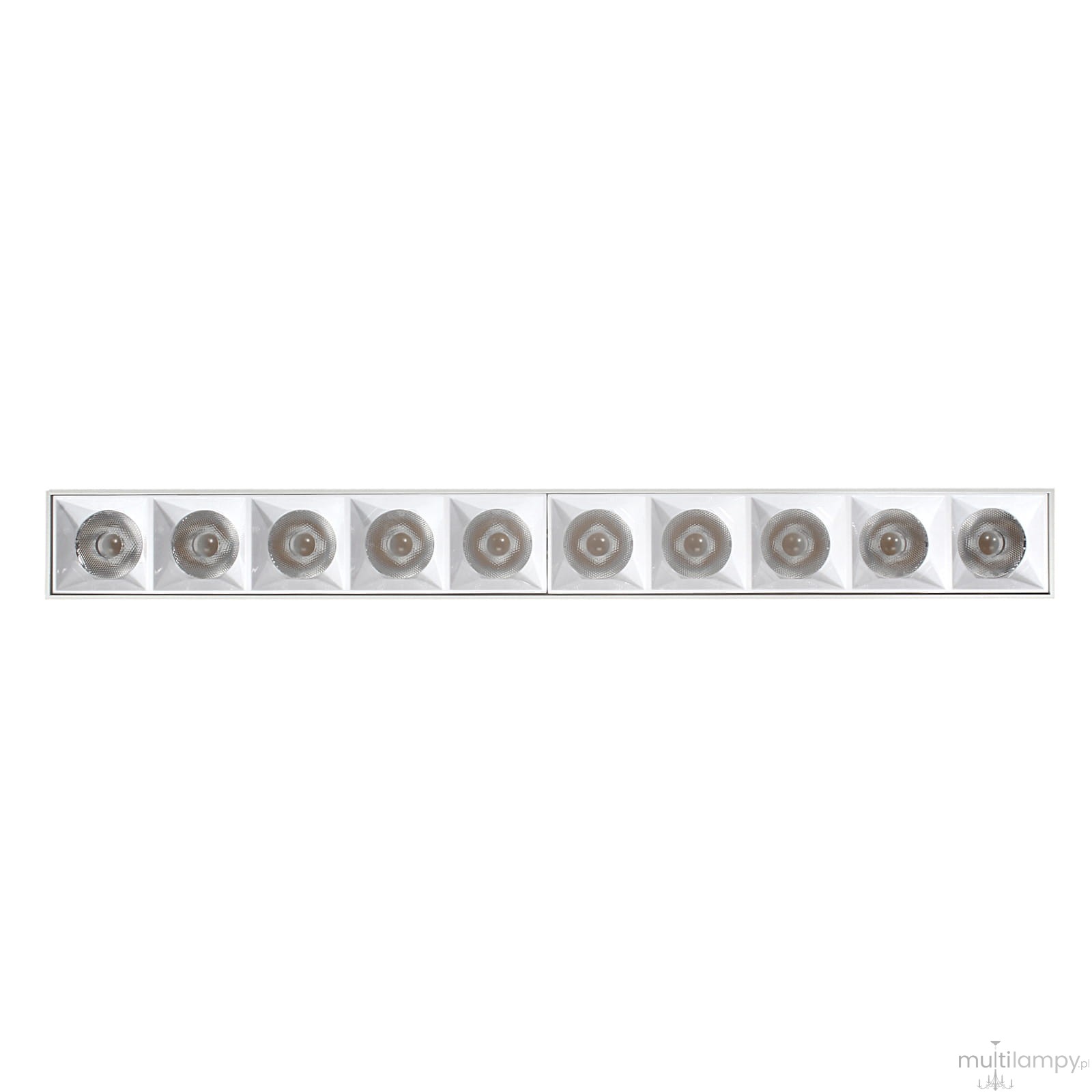 Lampa sufitowa LED o mocy 30W, barwa biała 4000K, w prostokątnej obudowie z dziewięcioma okrągłymi źródłami światła. Ujęcie frontalne, montowana na suficie, na białym tle.