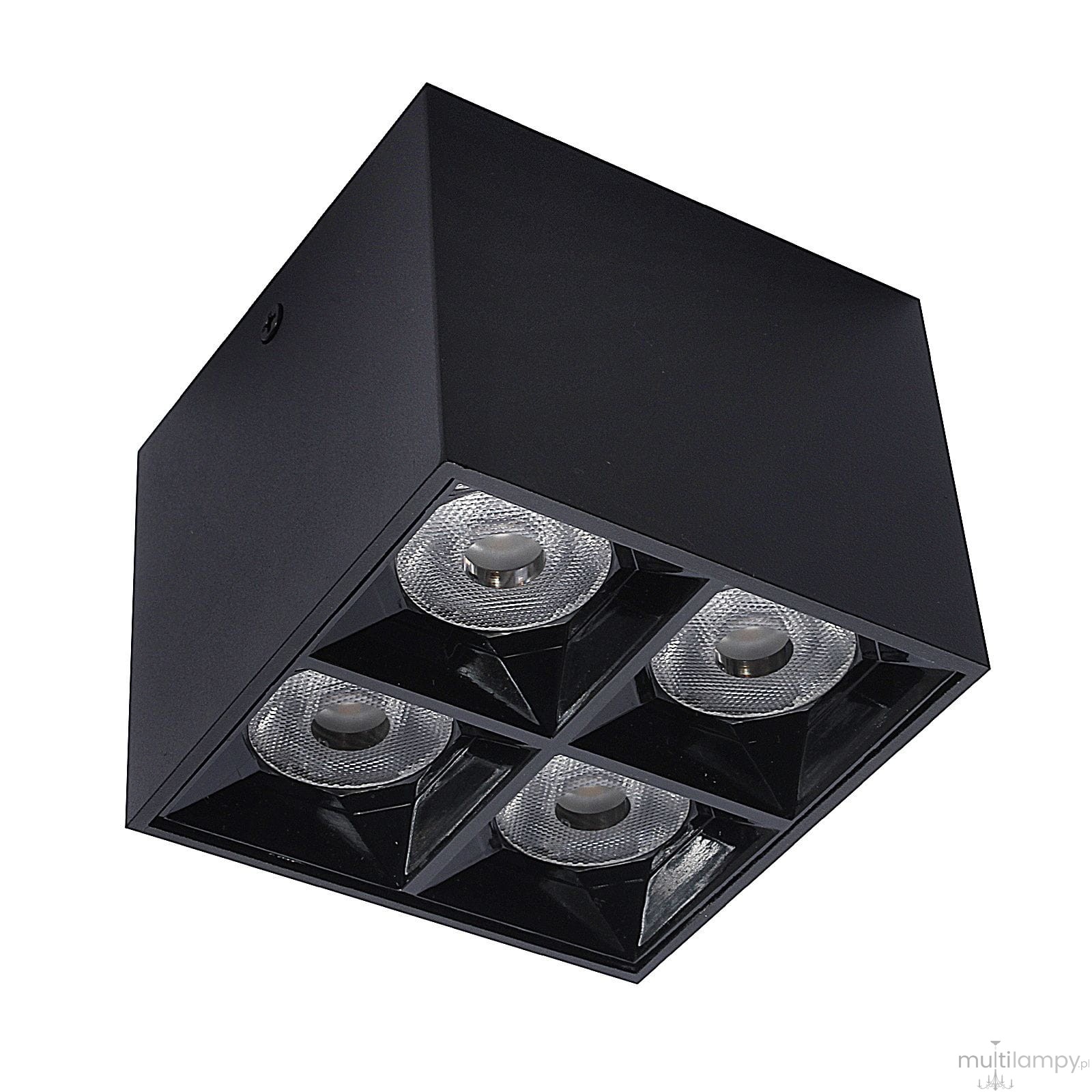 Lampa sufitowa LED w kolorze czarnym, moc 15W, temperatura barwowa 3000K. Kwadratowa obudowa z czterema okrągłymi źródłami światła. Ujęcie z boku, pokazujące detale lampy oraz jej strukturalny kształt.