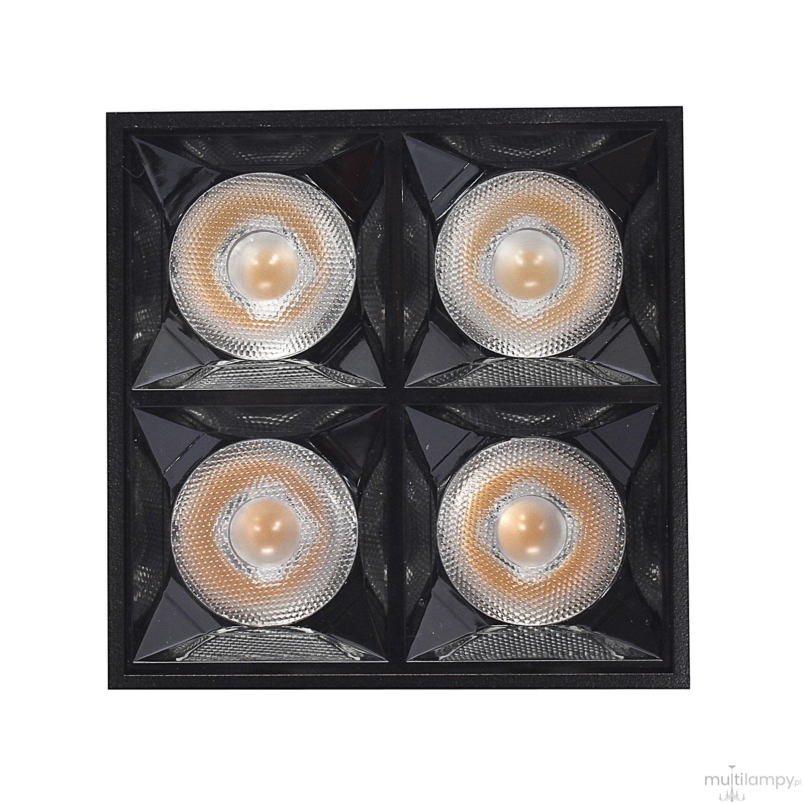Lampa sufitowa LED w kolorze czarnym z czterema okrągłymi źródłami światła, o mocy 15W i temperaturze barwowej 3000K. Kąt ujęcia z góry, produkt o kwadratowym kształcie z fakturą lustrzaną wokół żarówek.