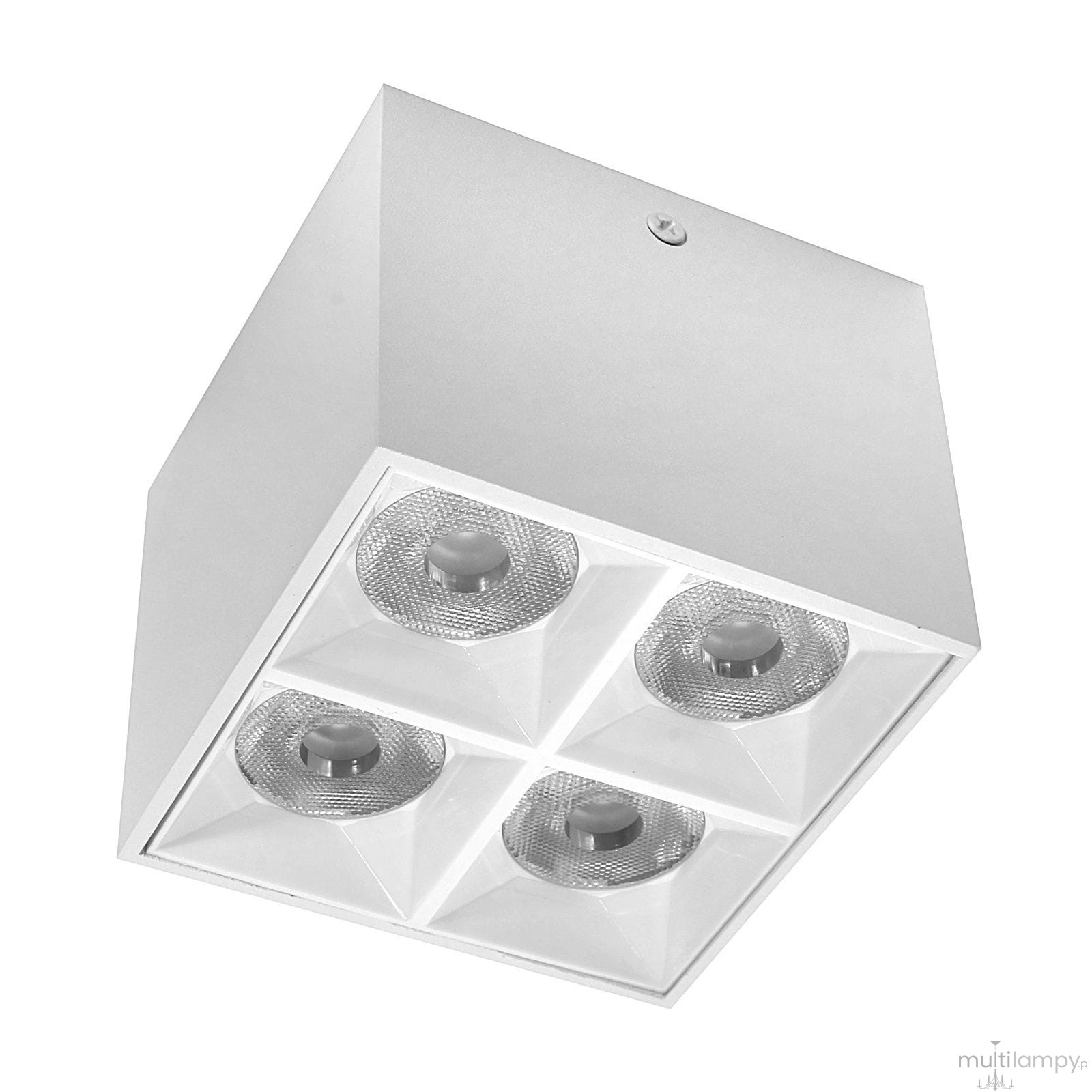 Lampa sufitowa LED o mocy 15W, kolor biały. Kwadratowa obudowa z czterema reflektorami, każdy z siateczkowym kloszem. Ujęcie z boku, ukazujące montaż oraz detale wykończenia. Jasne światło 4000K, idealne do oświetlenia wnętrz.