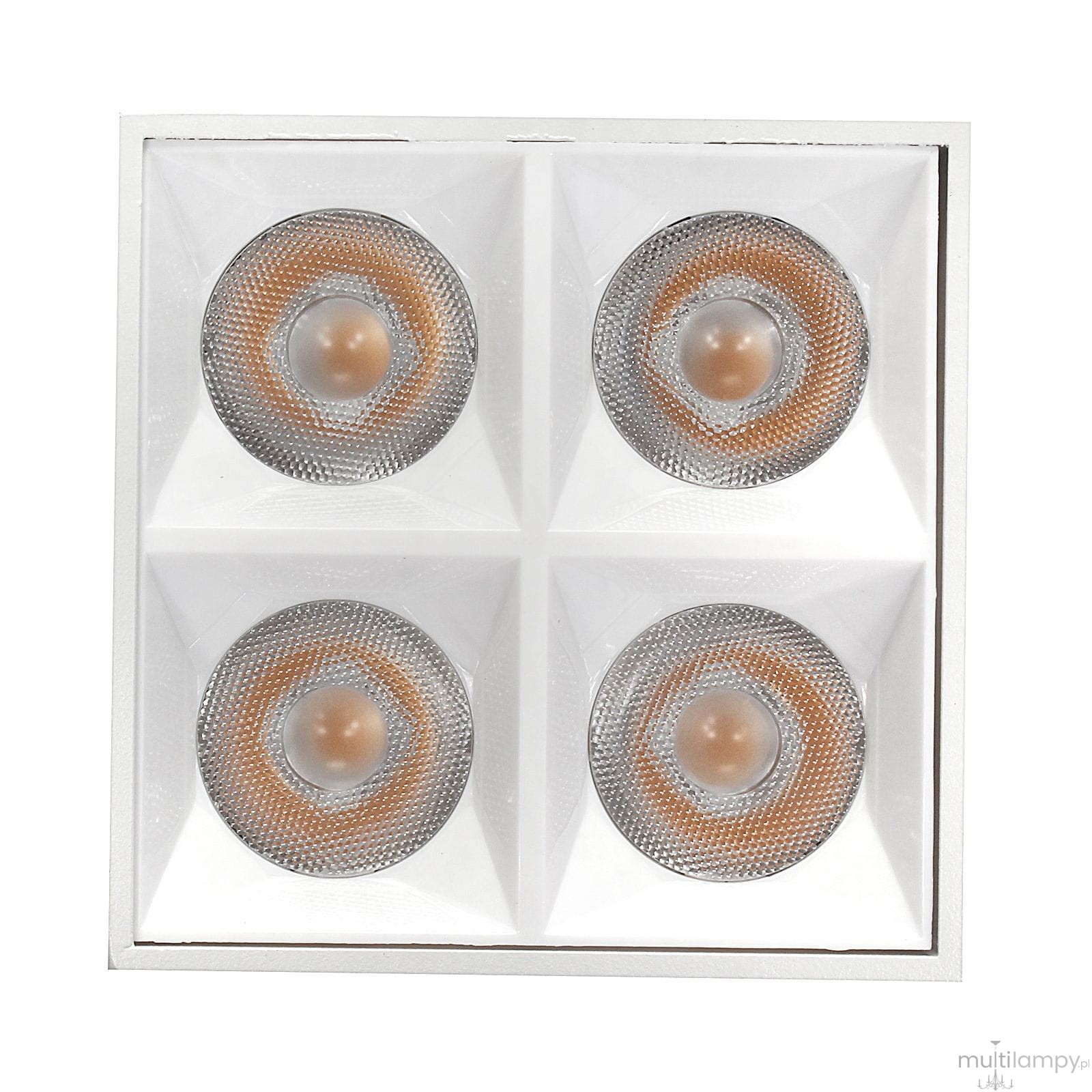 Lampa sufitowa LED o mocy 15W i barwie 4000K, z białą, prostokątną obudową. Zawiera cztery okrągłe źródła światła z metalicznymi reflektorami i pomarańczowymi akcentami. Ujęcie frontalne, produkt zamontowany w suficie.