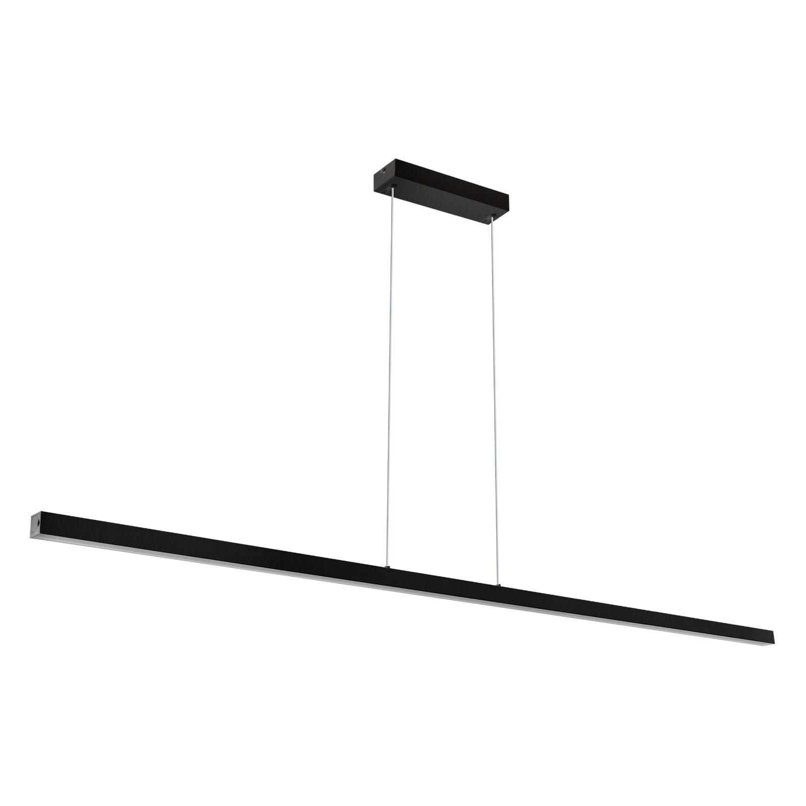 Lampa wisząca Linia 120 w kolorze czarnym, z jedną diodą LED o mocy 15W. Posiada prostokątny kształt i zawieszona jest na cienkich linkach. Elementy montażowe w kolorze czarnym. Tło białe, co podkreśla minimalistyczny design lampy.