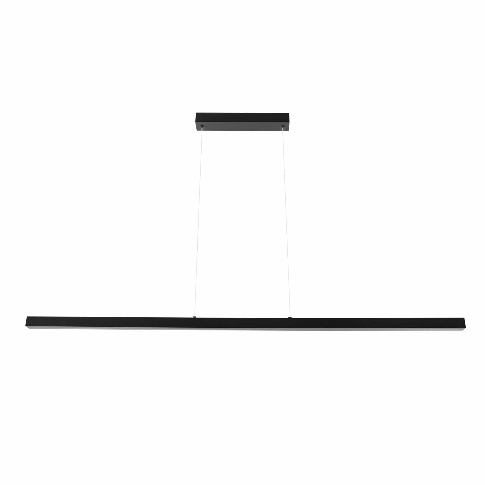 Lampa wisząca Linia 120 w kolorze czarnym, o prostokątnym kształcie, zawieszona na dwóch cienkich przewodach. Wyposażona w jedno źródło światła LED o mocy 15W, posiada minimalistyczny design, idealna do nowoczesnych wnętrz.