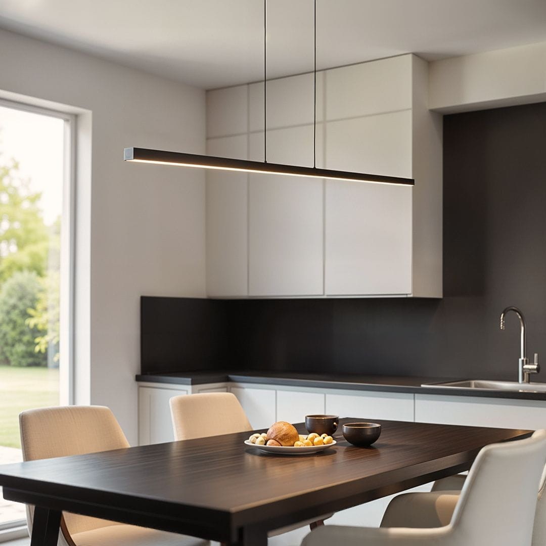 Lampa wisząca Linia 120 w kolorze czarnym, z jedną diodą LED o mocy 15W. Prosty, prostokątny kształt, zawieszona nad stołem w nowoczesnej kuchni, na tle białych szafek i ciemnej ścianki. Widoczna w aranżacji z drewnianym stołem i talerzem z owocami.