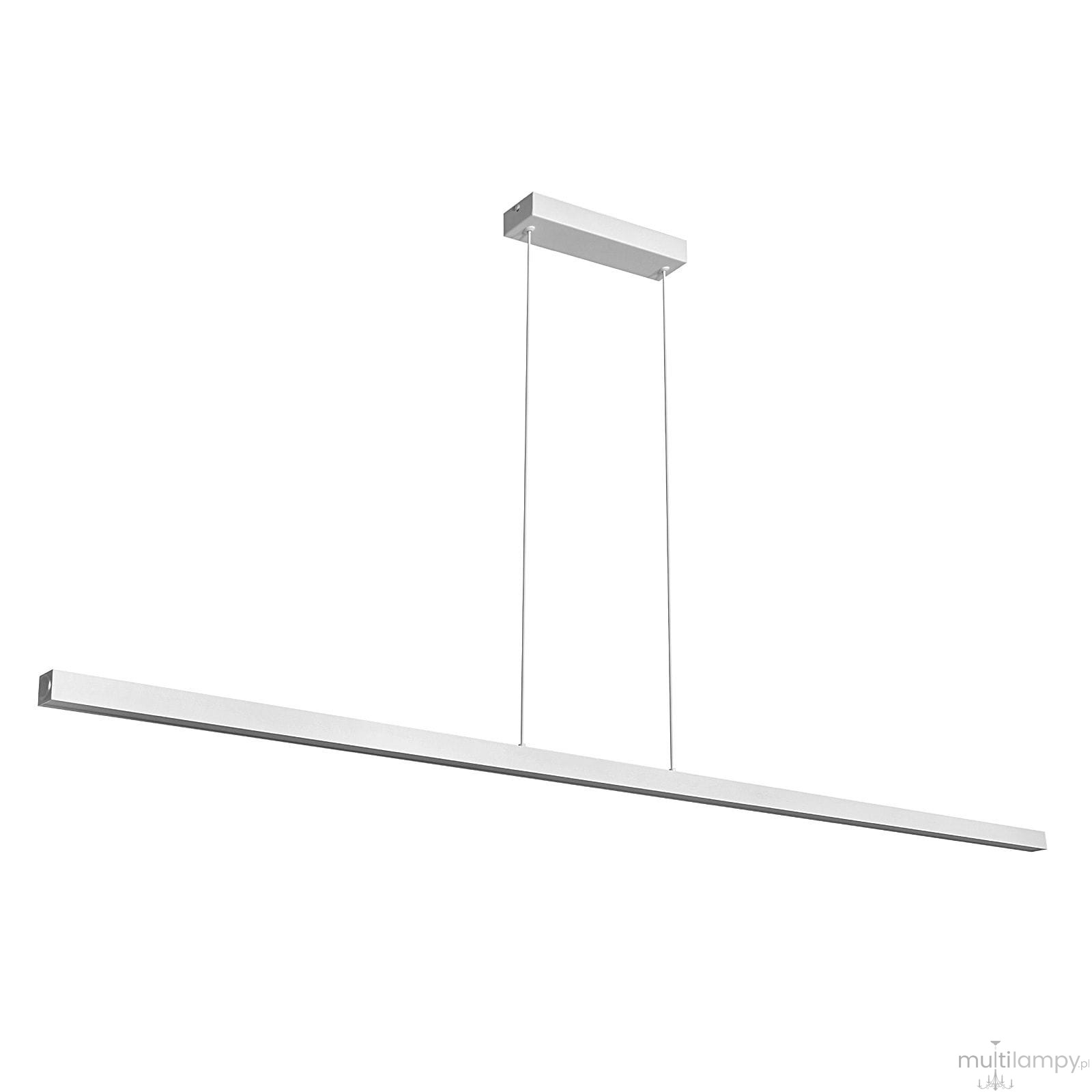 Lampa wisząca Linia 120 w kolorze białym, z prostokątnym, minimalistycznym designem. Wyposażona w jedno źródło światła LED o mocy 15W, zawieszona na cienkich linkach. Montaż sufitowy, idealna do nowoczesnych wnętrz.