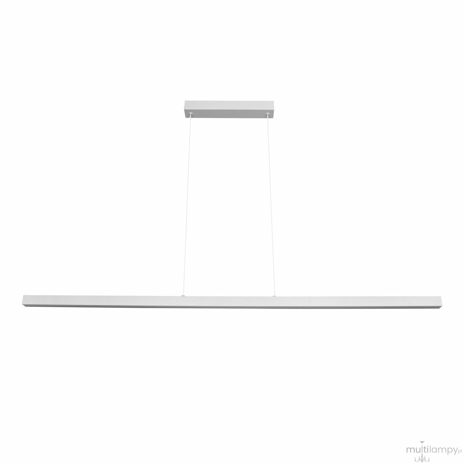 Lampa wisząca Linia 120 w kolorze białym, o prostokątnym kształcie, z jedną diodą LED o mocy 15W. Zawieszona na cienkich linkach, z prostokątnym mocowaniem sufitowym. Idealna do nowoczesnych wnętrz.