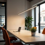 Lampa wisząca Linia 120 w kolorze białym, z jednym źródłem LED o mocy 15W, zawieszona nad stołem w nowoczesnym wnętrzu biurowym, obok laptopa i rośliny w doniczce. Prosta, minimalistyczna forma, oświetlająca przestrzeń.