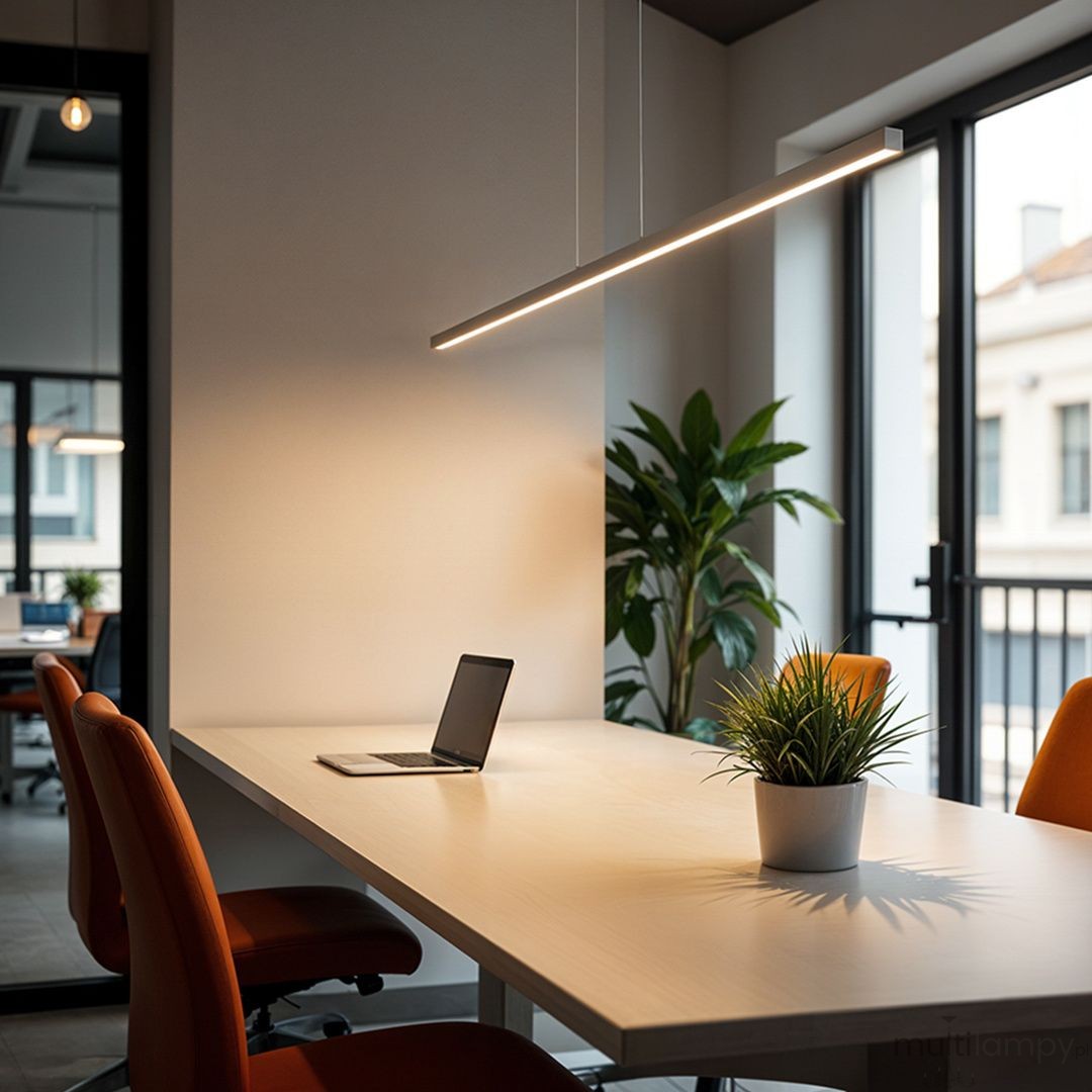 Lampa wisząca Linia 160 w białym kolorze, z jedną diodą LED o mocy 21W. Zawieszona nad stołem w nowoczesnym wnętrzu, w towarzystwie doniczki z rośliną i laptopa. Prosty, minimalistyczny design, z długim, prostokątnym kloszem.