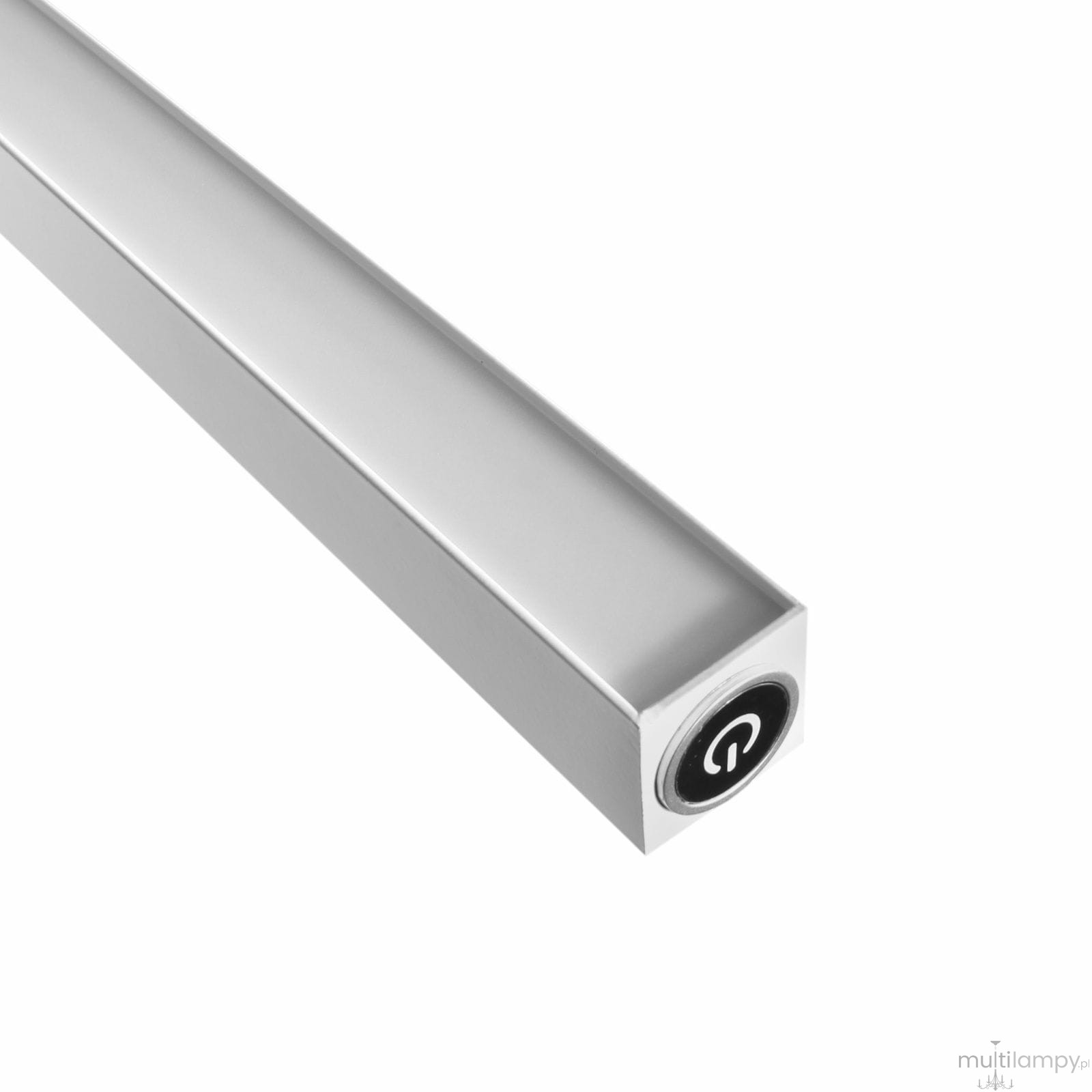 Biała lampa wisząca Linia 160 z 1xLED/21W/CCT, prostokątna konstrukcja z matowego aluminium, widoczny przycisk włączania z ikoną. Produkt z widokiem z boku, podkreślający minimalistyczny design i nowoczesny styl.