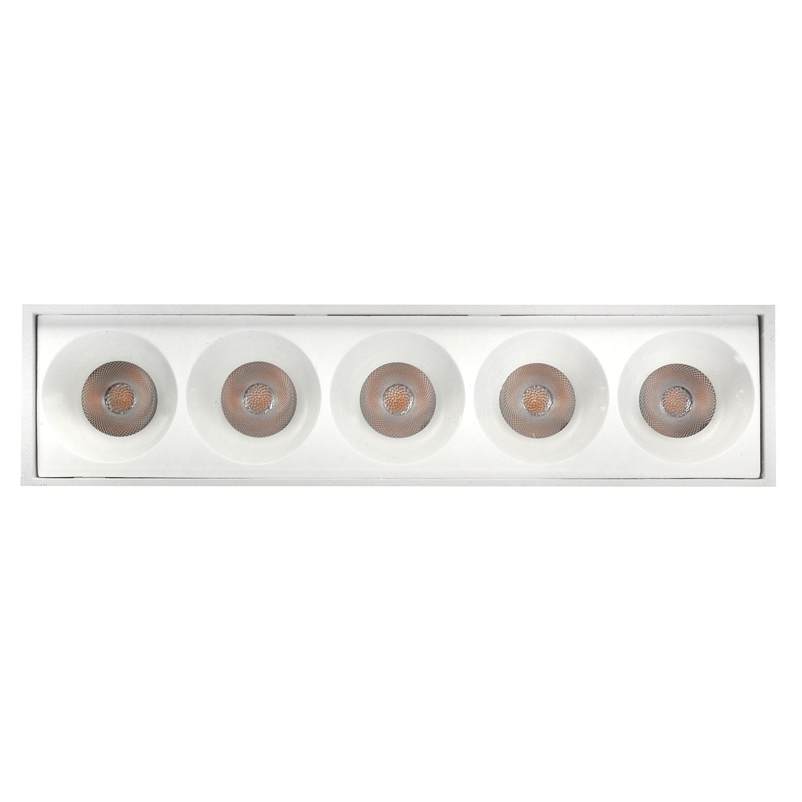 Kinkiet LED Ledo o mocy 10W, kolor biały. Posiada pięć okrągłych źródeł światła w metalicznych oprawach, umieszczony w prostokątnej ramie. Ujęcie frontalne, na białym tle, z widocznymi detalami struktury. Temperatura barwowa 3000K.
