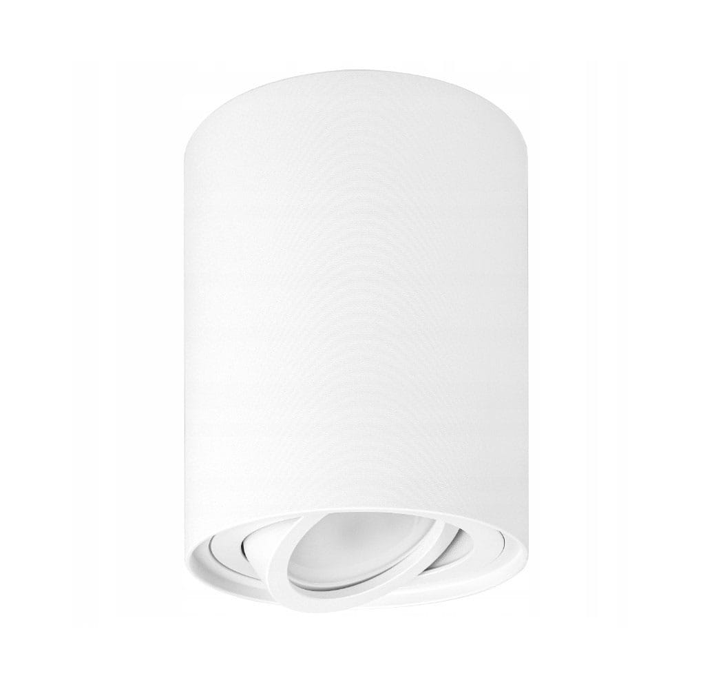 Biała lampa sufitowa w kształcie tuby, o cylindrycznej formie. Ujęcie z boku, pokazujące kierunkową możliwość regulacji światła. Prosta, minimalistyczna konstrukcja, wykonana z materiału o gładkiej fakturze.