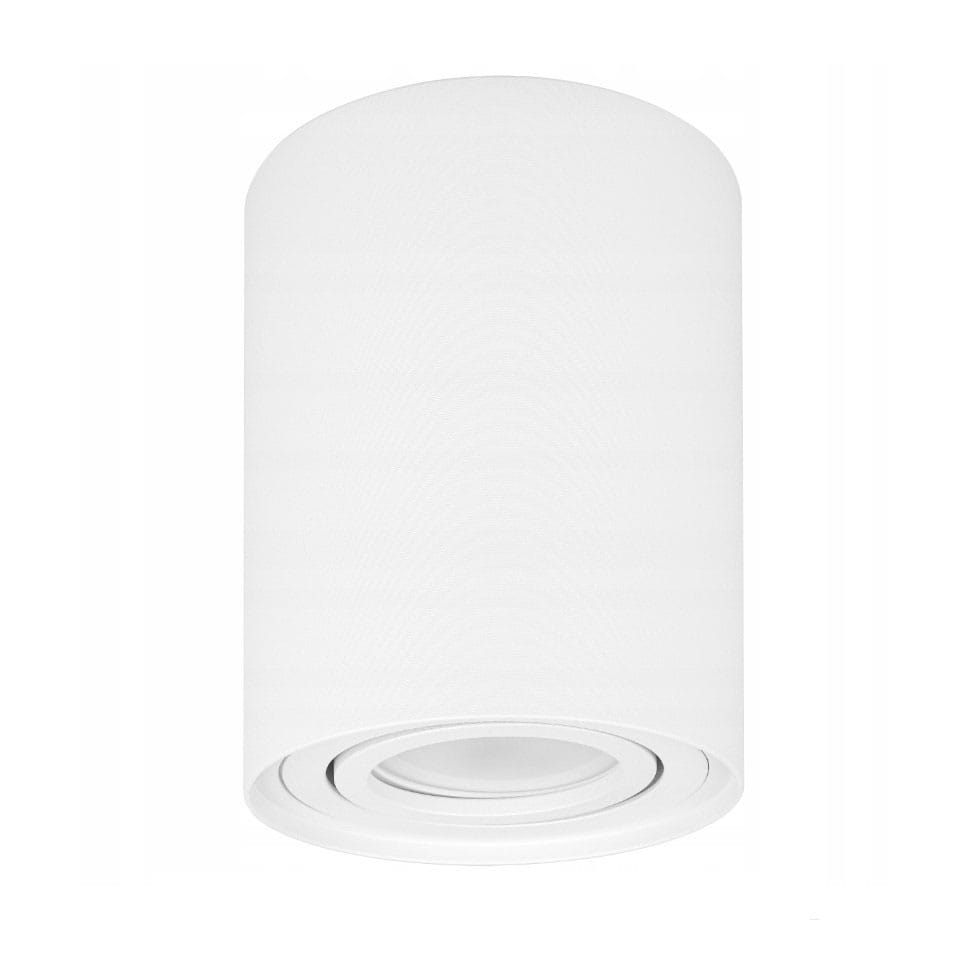 Biała lampa sufitowa w formie tuby, o cylindrycznym kształcie, z widocznym źródłem światła na dole. Ujęcie frontalne, produkt zamontowany na suficie. Gładka, matowa powierzchnia bez dodatkowych zdobień.