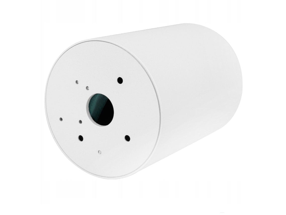 Lampa sufitowa Deba w kształcie białej tuby, z widocznym otworem na żarówkę, montażowymi otworami i gładką, matową powierzchnią. Ujęcie z boku, eksponujące cylindryczny kształt oraz detale na górnej części.