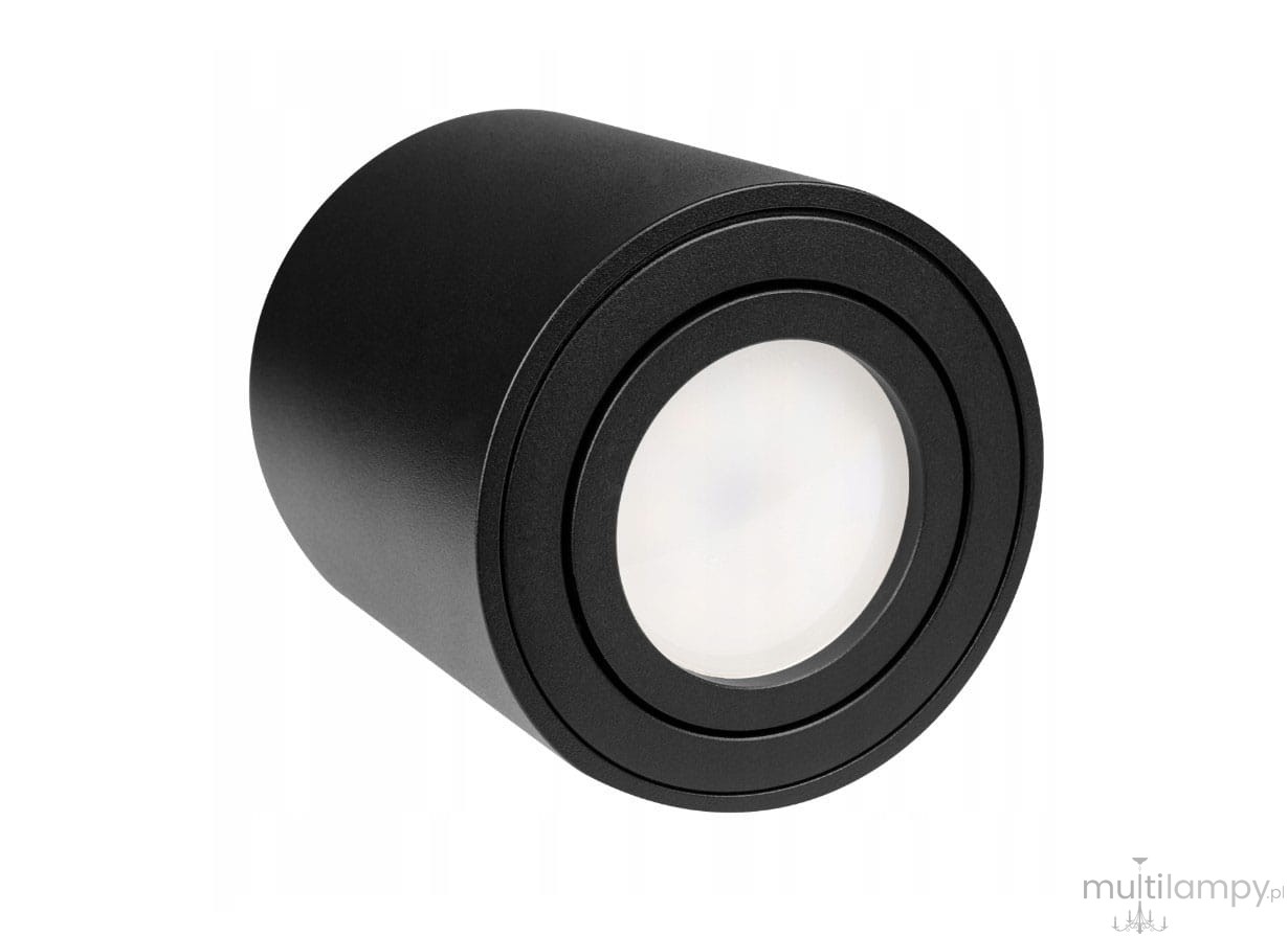 Mini lampa sufitowa tuba kierunkowa w kolorze czarnym, o cylindrycznym kształcie. Widoczna biała soczewka na przodzie, matowa faktura obudowy. Ujęcie z boku, pokazujące detale konstrukcji. Idealna do oświetlenia punktowego.
