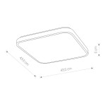 Czarny plafon Agnes Square LED o wymiarach 43,5 cm x 43,5 cm i wysokości 5 cm. Posiada klasę IP44, moc 32W i temperaturę barwową 3000K, idealny do wnętrz. Przedstawiony w widoku z góry, ukazując prostokątny kształt i zaokrąglone krawędzie.