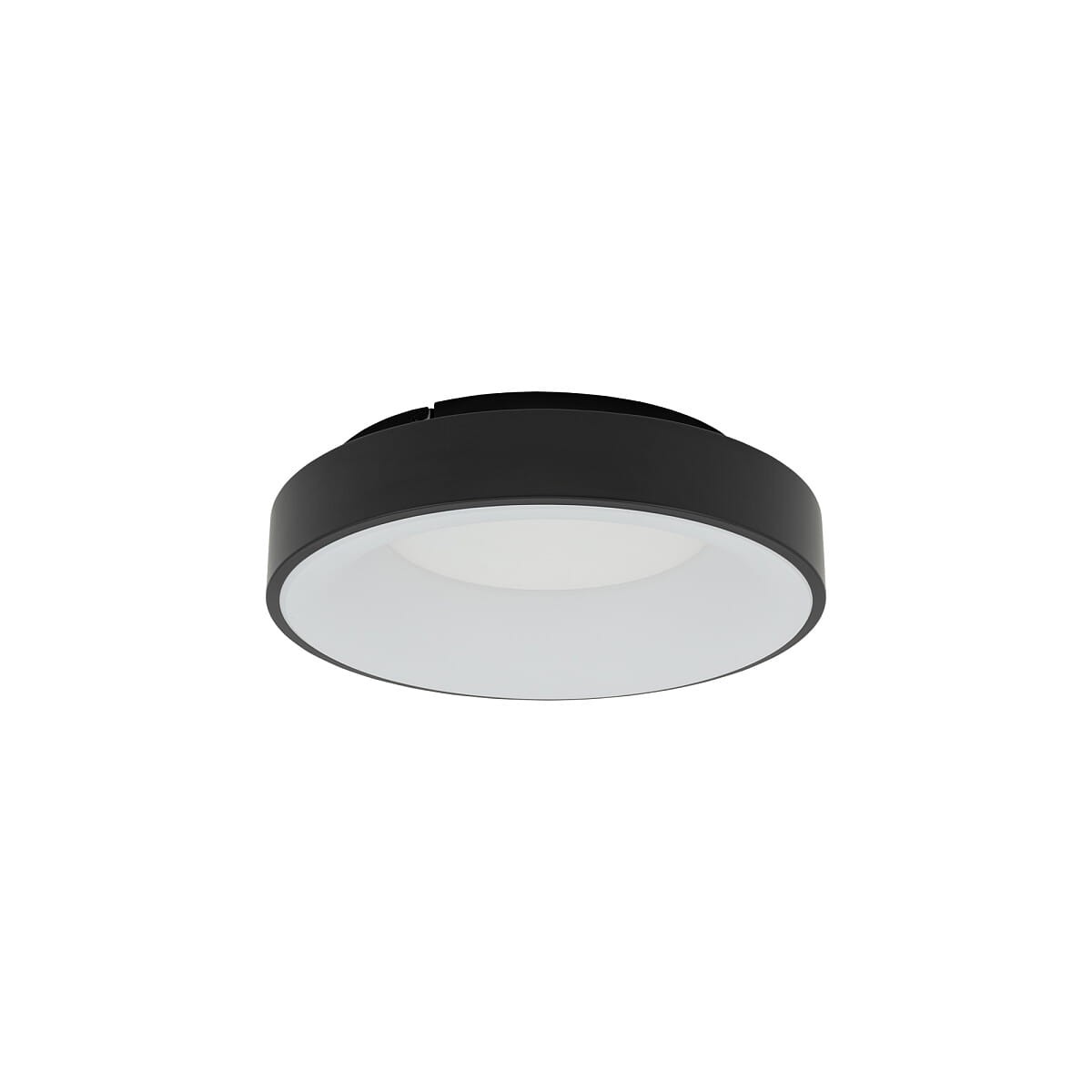 Plafon Nikki Round D38 w kolorze czarnym, o średnicy 38 cm, z wbudowanym źródłem światła LED o mocy 32W i temperaturze barwowej 4000K. Produkt ma okrągły kształt i matowe wykończenie, zamontowany pod sufitem.