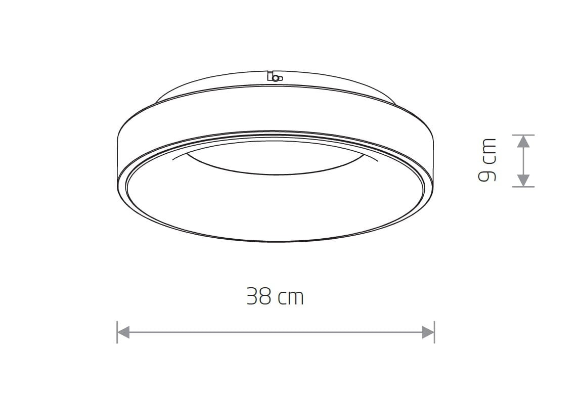 Plafon Nikki Round D38 w kolorze czarnym, średnica 38 cm, wysokość 9 cm, wyposażony w 1 żarówkę LED o mocy 32W i temperaturze barwowej 4000K. Okrągły kształt, minimalistyczny design, montaż sufitowy.