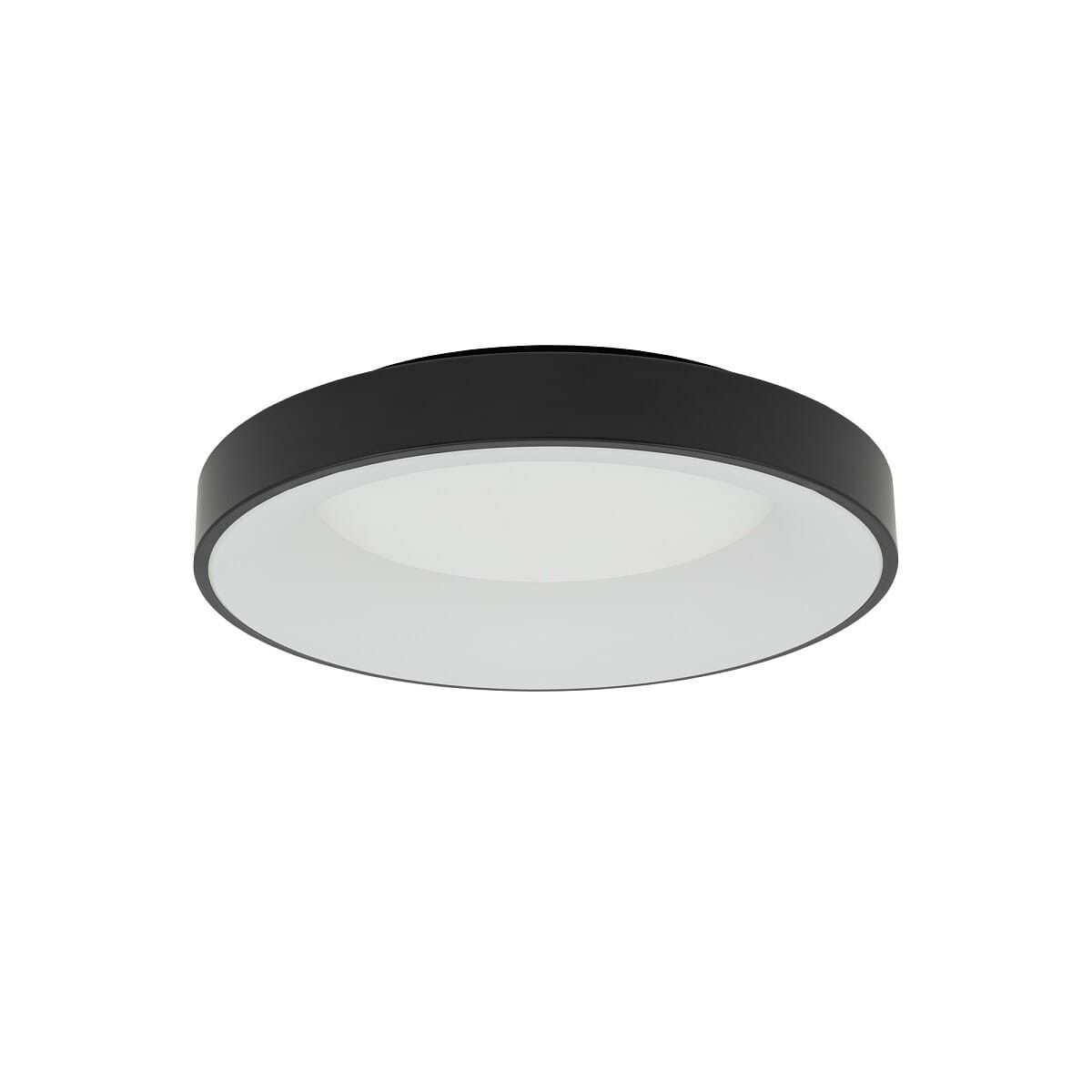 Plafon Nikki Round D48 w kolorze czarnym, o średnicy 48 cm, z jedną diodą LED 48W. Produkt ma okrągły kształt, matową powierzchnię oraz białe, transparentne wnętrze, montowany na suficie.