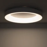 Plafon Nikki Round D60 o średnicy 60 cm, w kolorze białym, z jedną diodą LED o mocy 60W i temperaturze barwowej 3000K. Produkt zamontowany na suficie, z okrągłym, gładkim kloszem emitującym ciepłe światło.
