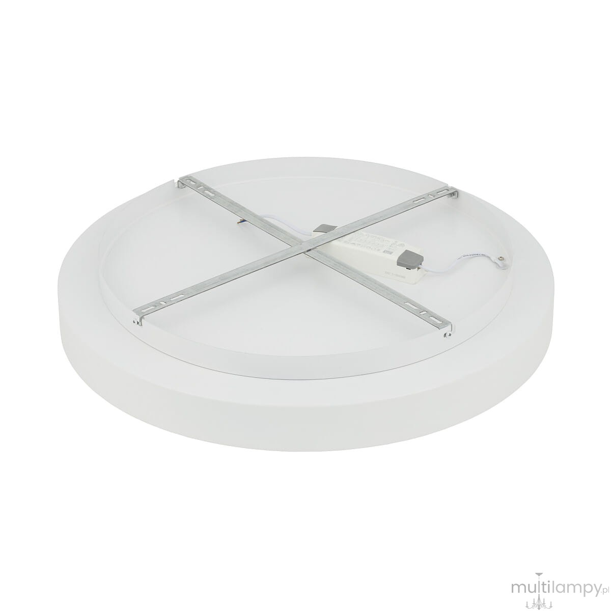 Plafon Nikki Round D60, okrągły, biały, z metalowym uchwytem. Widoczna przezroczysta osłona, miejsce na źródło LED 60W. Ujęcie z boku, ukazujące grubość i konstrukcję. Prosty design, idealny do nowoczesnych wnętrz.