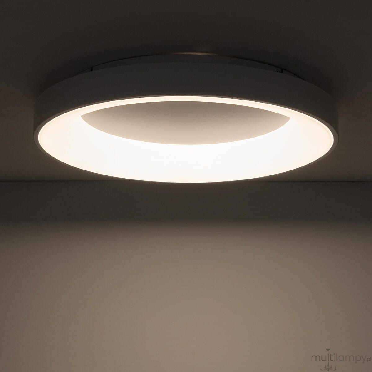 Plafon Nikki Round D60 w kolorze białym, okrągły, z jedną diodą LED o mocy 60W i temperaturze barwowej 4000K. Ujęcie frontalne, montowany na suficie, z gładką, matową powierzchnią i delikatnym podświetleniem.