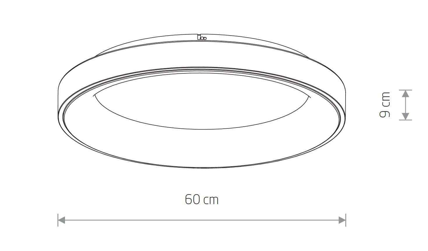 Czarny plafon Nikki Round D60 o średnicy 60 cm i wysokości 9 cm, wyposażony w jedno źródło światła LED o mocy 60W i temperaturze barwowej 3000K. Posiada okrągły kształt z subtelnym wykończeniem.