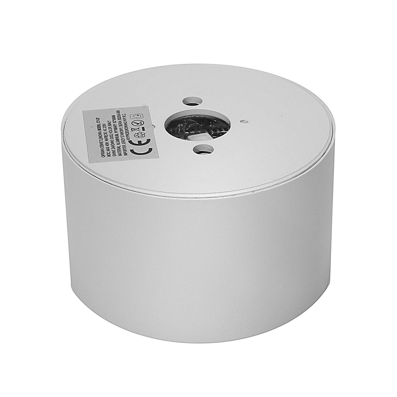Leto lampa sufitowa tuba 1xGX53 w kolorze białym, o cylindrycznej formie. Widoczny górny otwór do montażu żarówki, z etykietą z instrukcjami bezpieczeństwa. Produkt ustawiony w pozycji leżącej, na jednolitym tle.