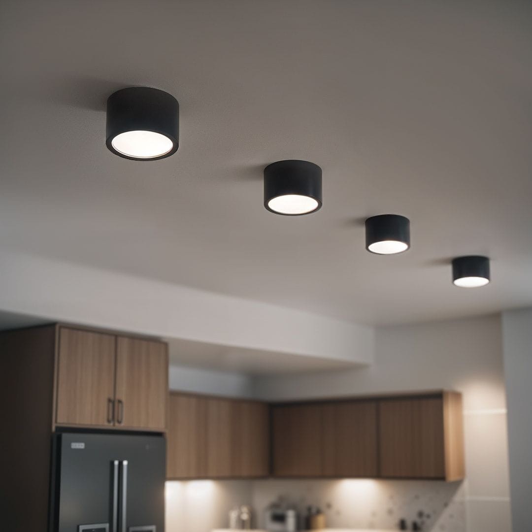 Lampa sufitowa tuba Leto 1xGX53 w kolorze czarnym, zamontowana na suficie, z okrągłym kloszem emitującym światło. Widoczne cztery lampy w równych odstępach, w nowoczesnej kuchni z drewnianymi szafkami w tle.