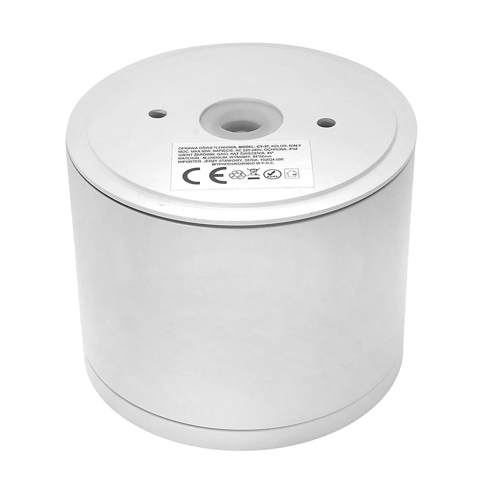 Lampa sufitowa Haro w kształcie tuby, kolor biały, wykonana z metalu. Ujęcie z góry, z widocznym otworem na żarówkę GX53 oraz etykietą z oznaczeniami. Produkt o stopniu ochrony IP54, idealny do użytku w różnych pomieszczeniach.