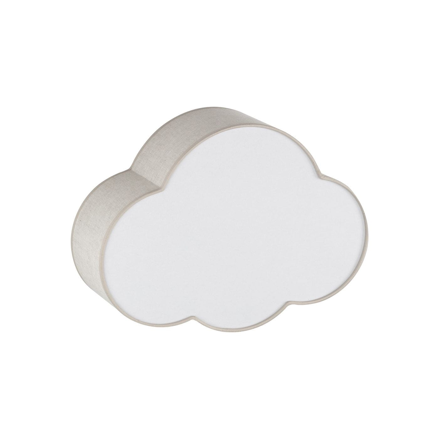 Beżowy plafon Cloud Linen Mini w kształcie chmurki, z białą, matową powierzchnią i delikatnym wykończeniem. Ujęcie z boku, ukazujące zaokrąglone krawędzie. Idealny do dziecięcego pokoju lub strefy relaksu.