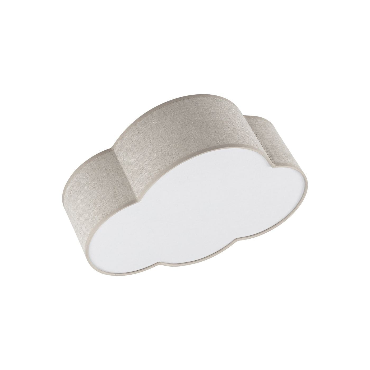 Beżowy plafon Cloud Linen Mini, o kształcie chmurki, z dwoma punktami świetlnymi. Materiał tekstylny, gładka biała powierzchnia wewnętrzna. Ujęcie z boku, pokazujące zaokrąglone krawędzie. Idealny do nowoczesnych wnętrz.