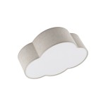 Beżowy plafon Cloud Linen Mini, o kształcie chmurki, z dwoma punktami świetlnymi. Materiał tekstylny, gładka biała powierzchnia wewnętrzna. Ujęcie z boku, pokazujące zaokrąglone krawędzie. Idealny do nowoczesnych wnętrz.