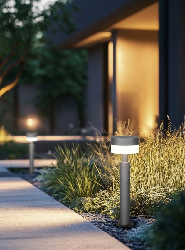 Lampa stojąca Mackenzie H50 w antracytowym kolorze, wykonana z materiałów odpornych na warunki atmosferyczne z klasą IP54. Posiada okrągłą głowicę z wbudowanym źródłem LED 8W. Ustawiona na ścieżce ogrodowej, otoczona roślinnością.