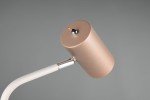 Lampa stołowa Marley w kolorze białym i kawowym, z metalowym kloszem w odcieniu kawy. Klosz ma cylindryczny kształt, zamontowany na białym, giętym ramieniu. Widoczny element zwalniający u góry klosza. Tło szare, minimalistyczne.