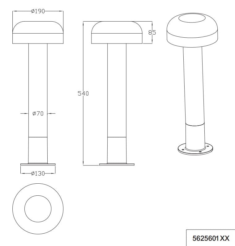 Stojąca lampa ogrodowa Fraser H54, z oprawą na 1xE27, w kolorze szarym z jasnym drewnem. Cylindryczna podstawa o średnicy 70 mm, wysokość 540 mm, klosz o średnicy 190 mm, z płaską podstawą do montażu.